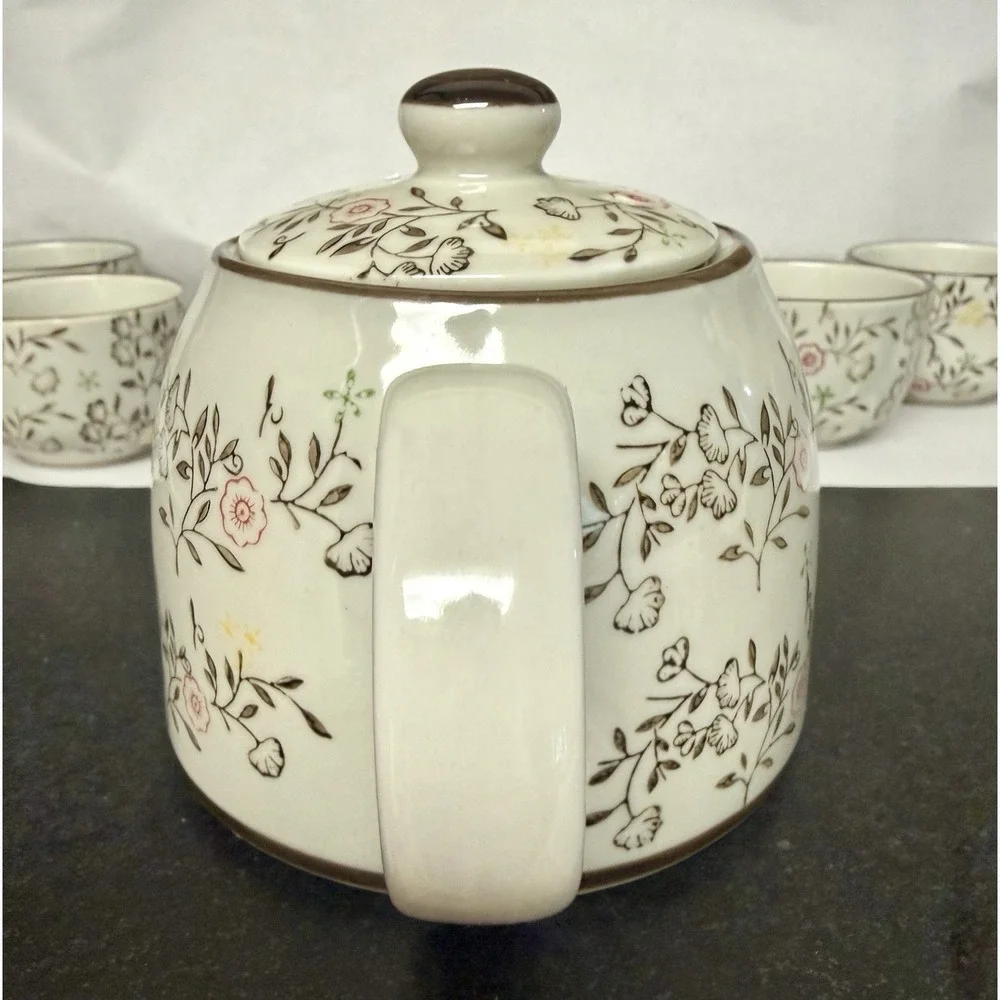 Pier 1 Import Tomoko Tea Set Teapot and 4 Cups Floral hand painted